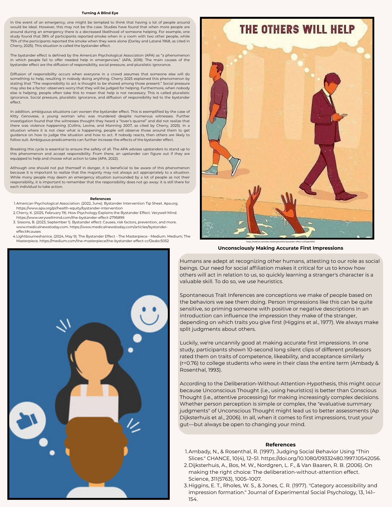 Four-panel layout: two text pages, poster of businesspeople with reaching hands, and laptop user.